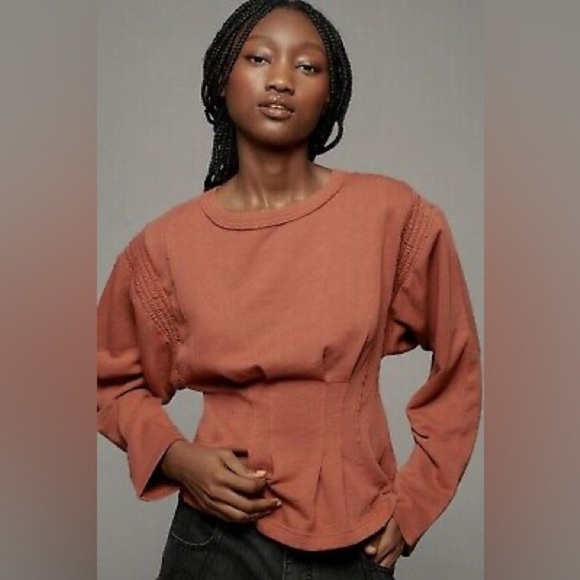 Anthropologie Pilcro Long-Sleeve Cocoon Corset Top Dark Orange Peplum Pleated XS - Picture 2 of 10